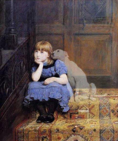 Portrait of a little girl sitting on the stair with her puppy.